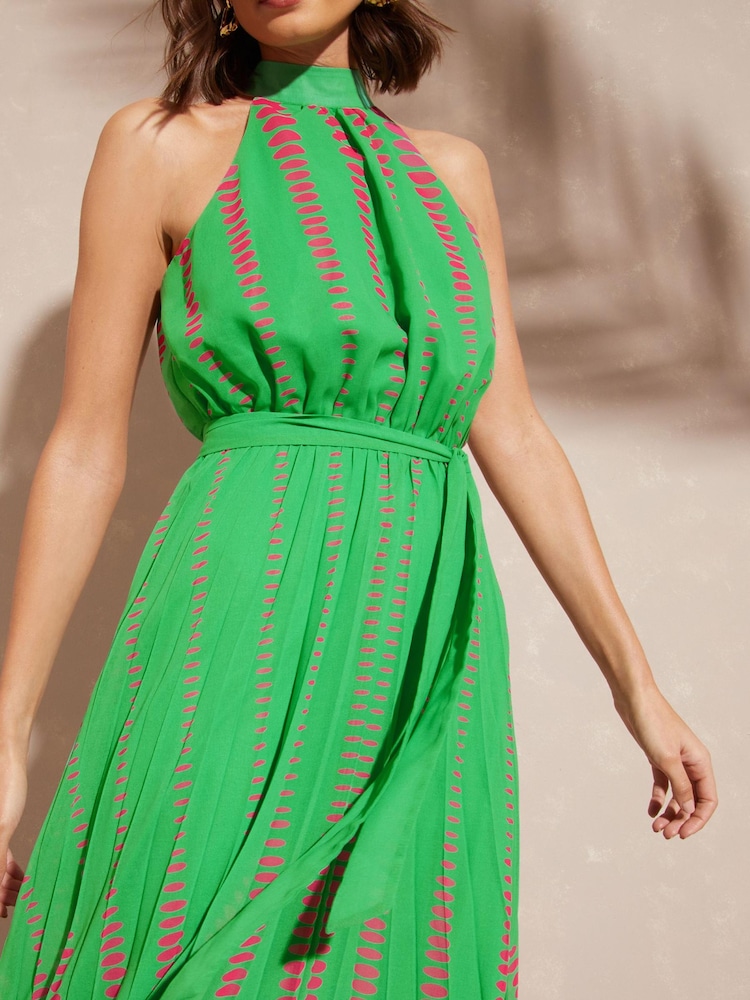 Love & Roses Green and Pink Spot Printed Halter Pleated Belted Midi Dress - Image 2 of 4