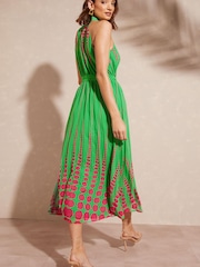 Love & Roses Green and Pink Spot Printed Halter Pleated Belted Midi Dress - Image 3 of 4