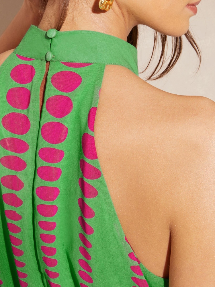 Love & Roses Green and Pink Spot Printed Halter Pleated Belted Midi Dress - Image 4 of 4
