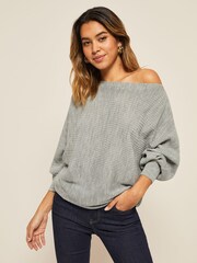 Friends Like These Grey Petite Batwing Knitted Off The Shoulder Jumper - Image 1 of 4