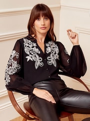 Love & Roses Black Ruffle Neck Long Sleeve Embroidered Blouse - Image 1 of 4