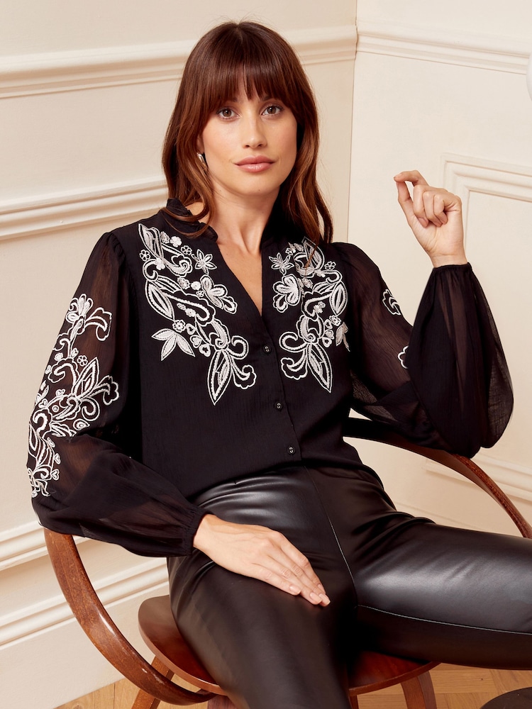 Love & Roses Black Ruffle Neck Long Sleeve Embroidered Blouse - Image 1 of 4