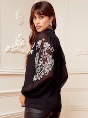 Love & Roses Black Ruffle Neck Long Sleeve Embroidered Blouse - Image 3 of 4