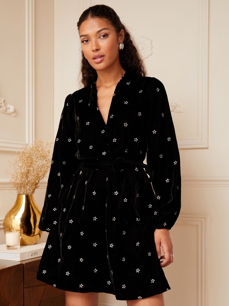 Love & Roses Black Embroidered Velvet Long Sleeve V Neck Belted Mini Dress - Image 1 of 1 Love & Roses Black Embroidered Velvet Long Sleeve V Neck Belted Mini Dress - Image 1 of 1