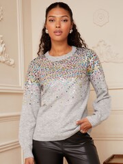 Love & Roses Grey Scattered Sequin Knitted Crew Neck Jumper - Image 2 of 4