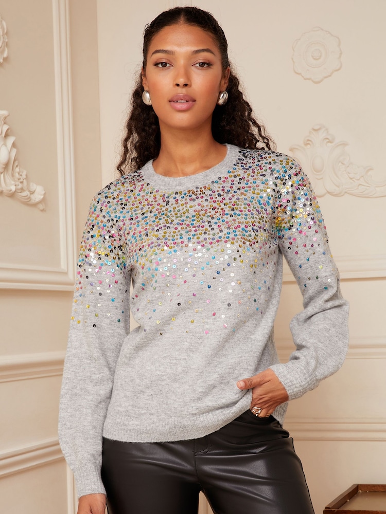 Love & Roses Grey Scattered Sequin Knitted Crew Neck Jumper - Image 2 of 4