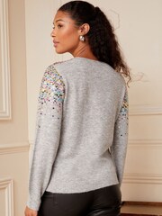 Love & Roses Grey Scattered Sequin Knitted Crew Neck Jumper - Image 3 of 4