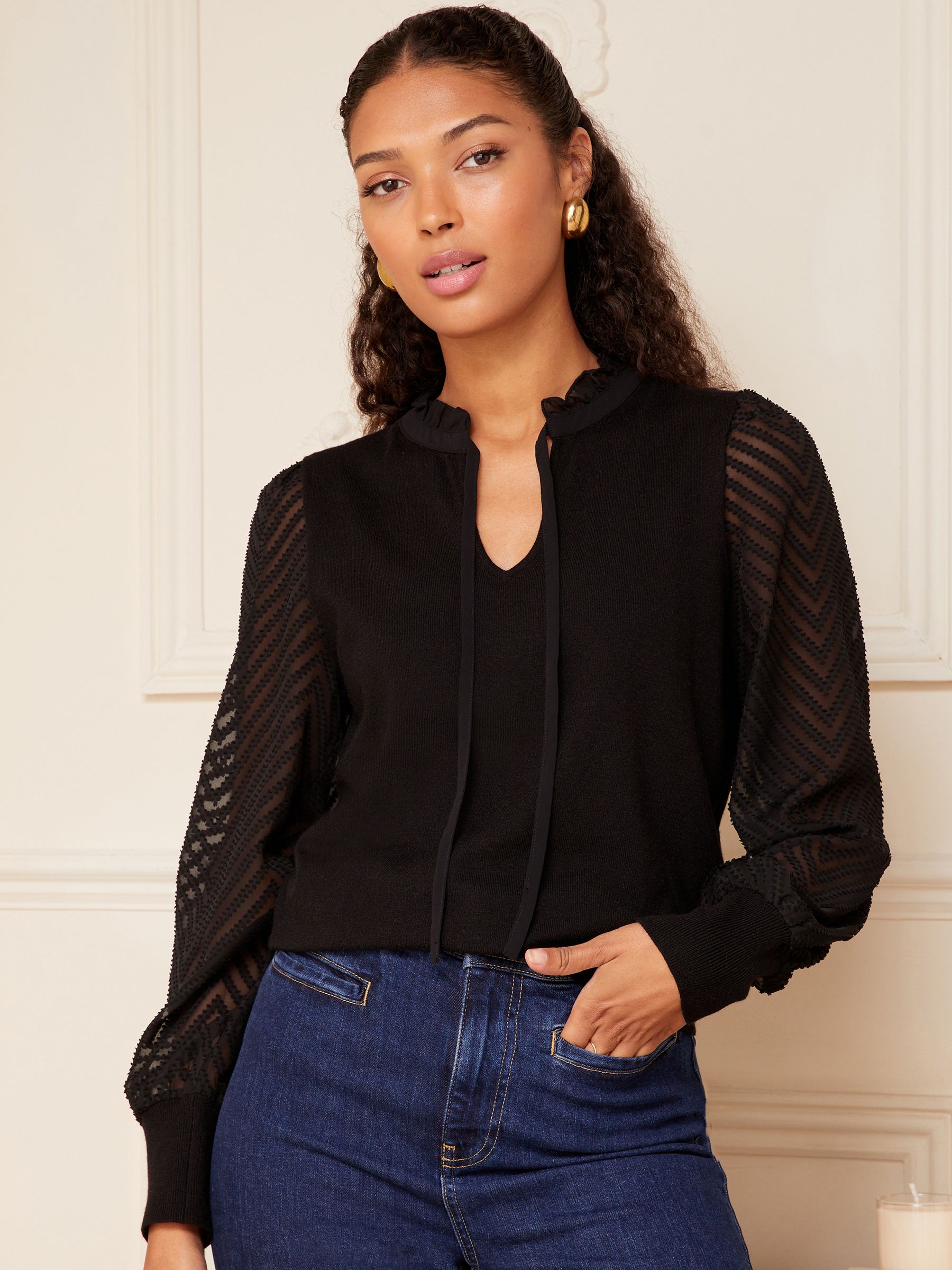 Buy Love Roses Black Textured Puff Sleeve Tie Neck Knitted Jumper from Next Luxembourg