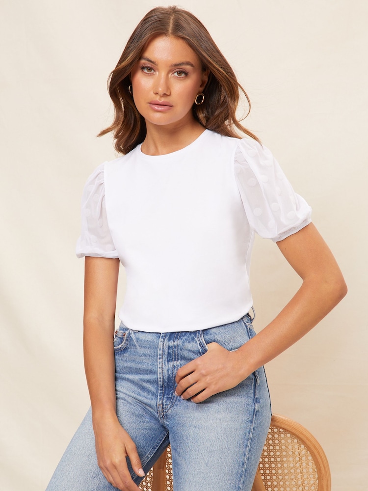 Friends Like These White Contrast Mesh Sleeve Fashion T-Shirt Top - Image 1 of 4