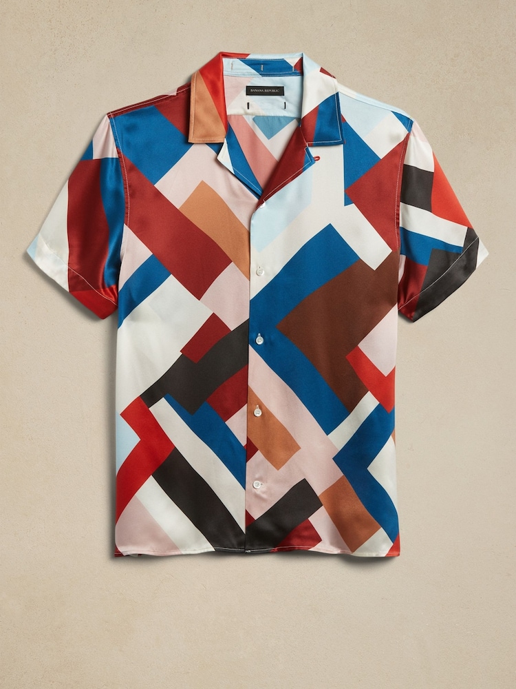 Banana Republic Red Printed Timm Resort Silk Shirt - Image 4 of 4