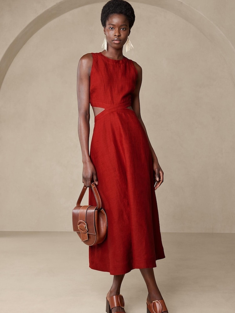 Banana Republic Red Lina Linen Cutout Midi Dress - Image 1 of 1