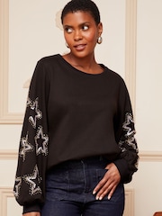 Love & Roses Black Star Sleeve Embellished Sweatshirt - Image 1 of 4