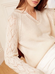 Love & Roses Ivory White Pointelle Sleeve V Neck Knitted Jumper - Image 2 of 4