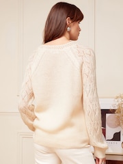 Love & Roses Ivory White Pointelle Sleeve V Neck Knitted Jumper - Image 3 of 4