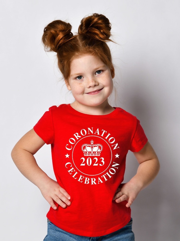The Print Press Red Coronation Celebration White Logo Kids T-Shirt - Image 1 of 3
