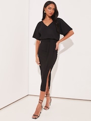 Lipsy Black Petite V Neck Flutter Sleeve Belted Midi Dress - Image 1 of 4