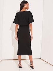 Lipsy Black Petite V Neck Flutter Sleeve Belted Midi Dress - Image 2 of 4