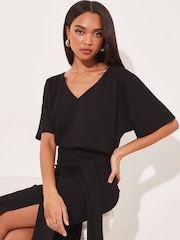 Lipsy Black Petite V Neck Flutter Sleeve Belted Midi Dress - Image 4 of 4