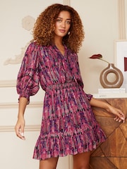 V&A | Love & Roses Red Printed Metallic Ruffle V Neck 3/4 Sleeve Mini Dress - Image 1 of 4