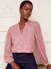 Love & Roses Pink and Gold Petite Zip Front Mix Sheer Long Sleeve Blouse - Image 1 of 4