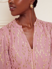 Love & Roses Pink and Gold Petite Zip Front Mix Sheer Long Sleeve Blouse - Image 2 of 4