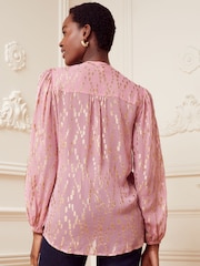 Love & Roses Pink and Gold Petite Zip Front Mix Sheer Long Sleeve Blouse - Image 3 of 4