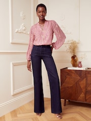 Love & Roses Pink and Gold Petite Zip Front Mix Sheer Long Sleeve Blouse - Image 4 of 4