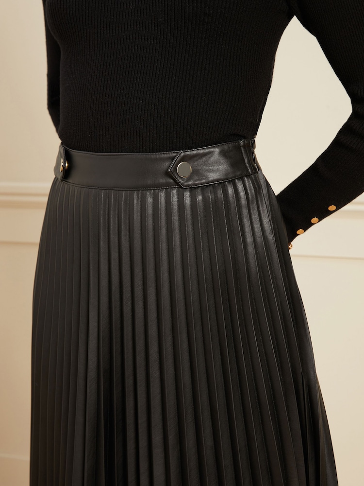 Love & Roses Black Faux Leather Pleated Midi Skirt - Image 2 of 4