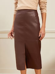 Love & Roses Berry Red Faux Leather Split Front Midi Skirt - Image 1 of 4