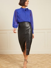 Love & Roses Black Faux Leather Split Front Midi Skirt - Image 3 of 4