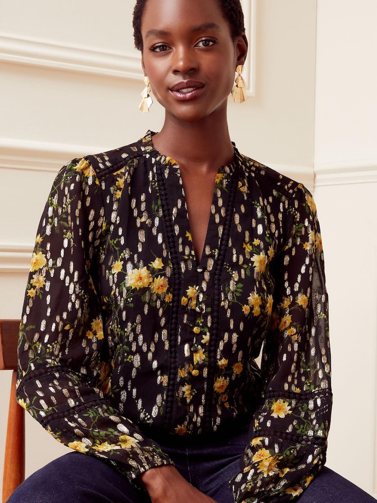Love & Roses Black Ruffle Neck Lace Trim Long Sleeve Button Through Blouse - Image 1 of 4 Love & Roses Black Ruffle Neck Lace Trim Long Sleeve Button Through Blouse - Image 1 of 4
