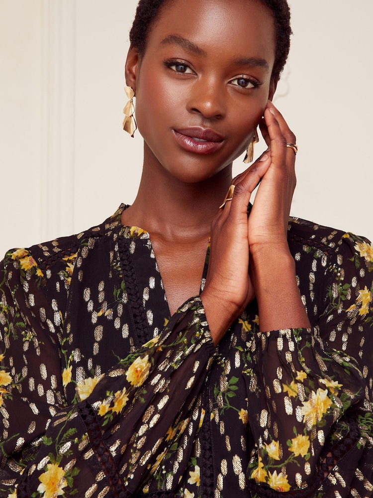 Love & Roses Black Ruffle Neck Lace Trim Long Sleeve Button Through Blouse - Image 2 of 4 Love & Roses Black Ruffle Neck Lace Trim Long Sleeve Button Through Blouse - Image 2 of 4