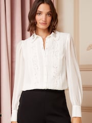 Love & Roses Ivory White Embellished Collar Lace Trim Shirt - Image 1 of 4