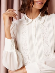 Love & Roses Ivory White Embellished Collar Lace Trim Shirt - Image 4 of 4