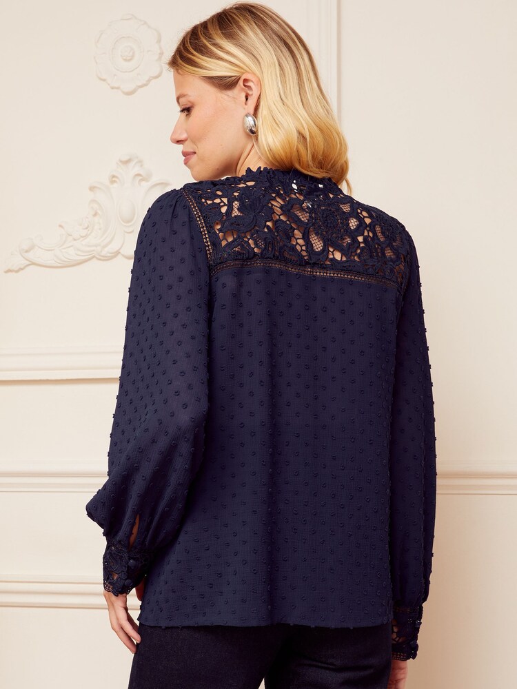 Love & Roses Navy Blue Lace Yoke Ruffle Neck Button Through Blouse - Image 2 of 4 Love & Roses Navy Blue Lace Yoke Ruffle Neck Button Through Blouse - Image 2 of 4