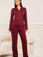 Lipsy Berry Red Jersey Satin Mix Long Sleeve Pyjamas - Image 2 of 4