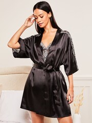 Lipsy Black Lace Trim Satin Robe - Image 1 of 4
