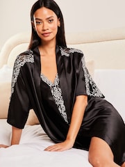 Lipsy Black Lace Trim Satin Robe - Image 3 of 4