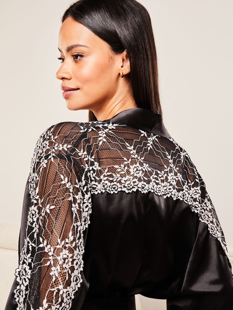 Lipsy Black Lace Trim Satin Robe - Image 4 of 4 Lipsy Black Lace Trim Satin Robe - Image 4 of 4