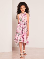 Lipsy Pink Twist Neck Halter Hi Low Dress - Image 1 of 4