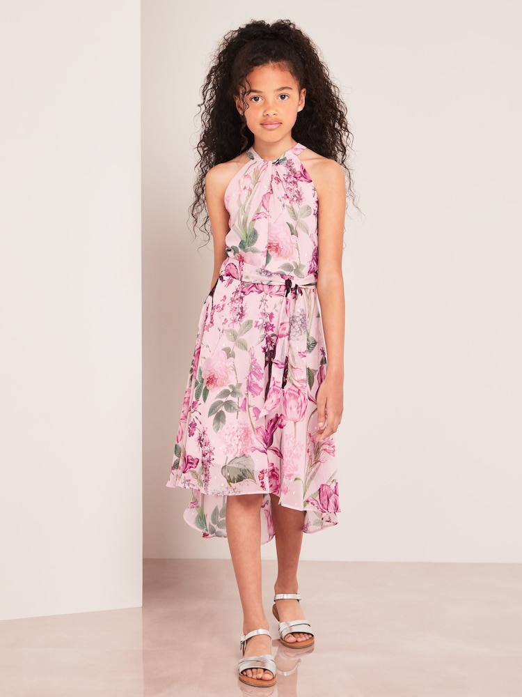 Lipsy Pink Twist Neck Halter Hi Low Dress - Image 1 of 4
