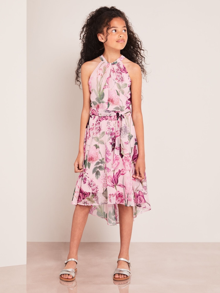 Lipsy Pink Twist Neck Halter Hi Low Dress - Image 2 of 4
