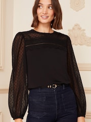 Love & Roses Black Long Sleeve Dobby Mix Jersey Blouse - Image 1 of 4
