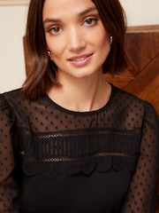 Love & Roses Black Long Sleeve Dobby Mix Jersey Blouse - Image 2 of 4
