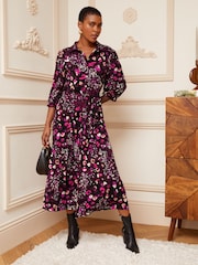 Love & Roses Purple Animal Jersey Pleated Belted Midi Summer Shirt Dress - Image 1 of 4