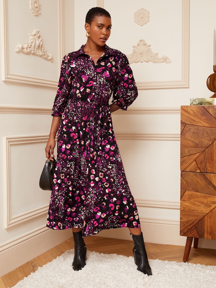 Love & Roses Purple Animal Jersey Pleated Belted Midi Summer Shirt Dress - Image 1 of 4