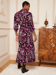 Love & Roses Purple Animal Jersey Pleated Belted Midi Summer Shirt Dress - Image 3 of 4