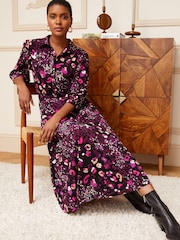 Love & Roses Purple Animal Jersey Pleated Belted Midi Summer Shirt Dress - Image 4 of 4