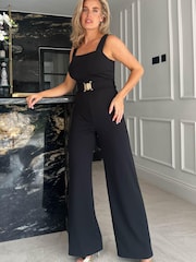 Girl In Mind Black Petite Lana Buckle Detail Square Neck Jumpsuit - Image 4 of 4