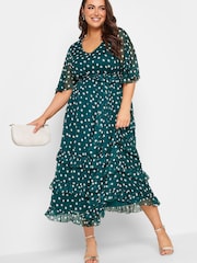 Yours Curve Green London Ruffle V-Neck Dress - Image 1 of 4